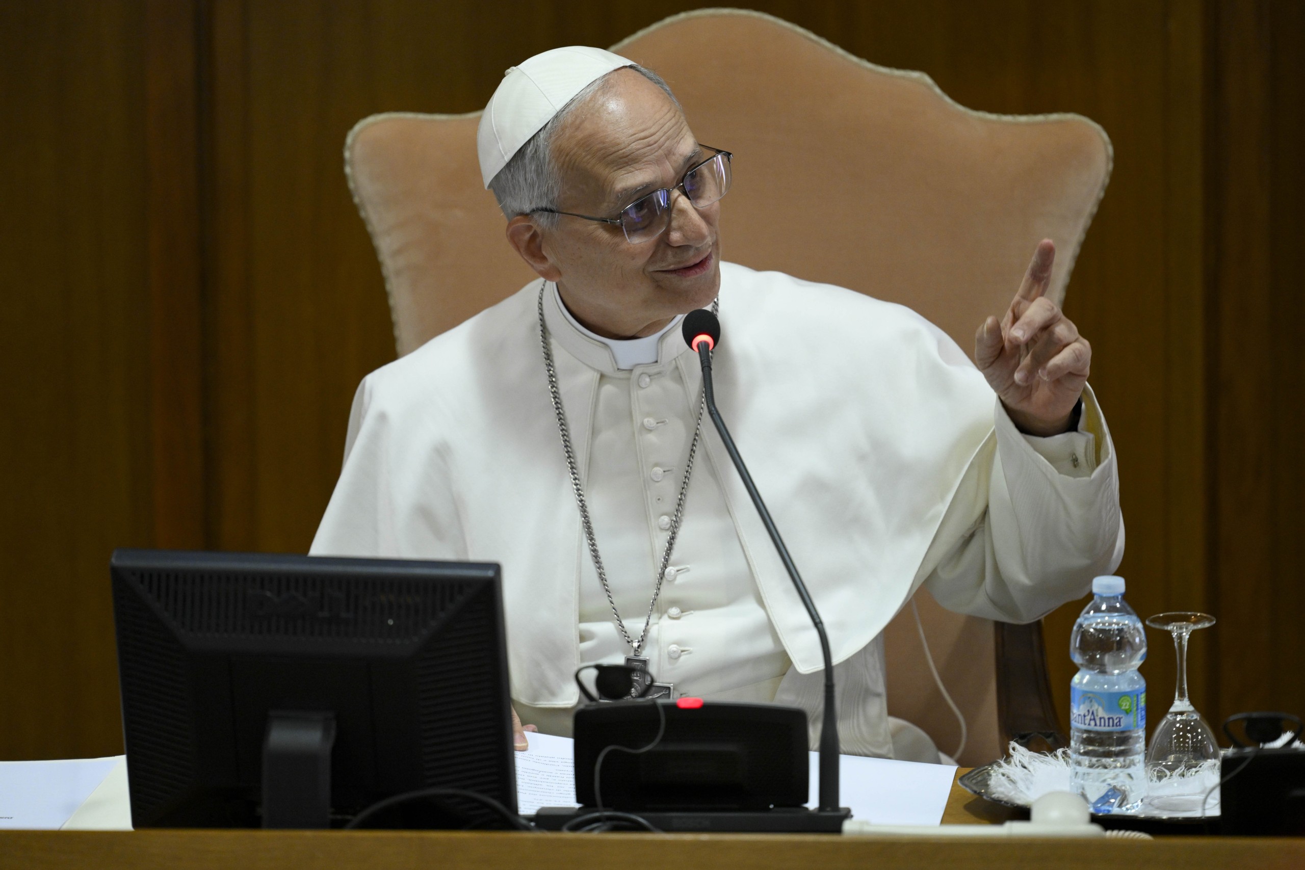 Pope Leo XIV speaks with the College of Cardinals in the New Synod Hall at the Vatican May 10, 2025, during his first formal address to the college since his election May 8. (CNS photo/Vatican Media)